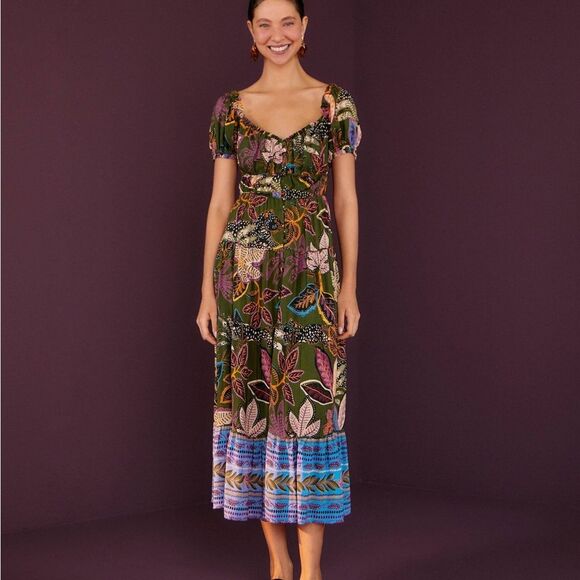 FARM Rio Dresses & Skirts - Farm Rio Green Wild Jungle Corset Midi Dress – Size M